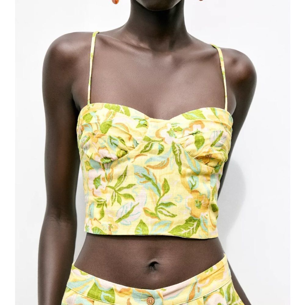 Zara Linen blend corset top with ruching Floral Yellow NWT XS